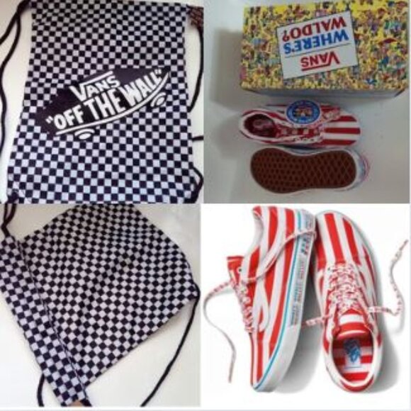 Vans Where's Waldo Red White Stripe Sneakers Size 12K  New Vans Off The Wall Bag - Picture 1 of 7